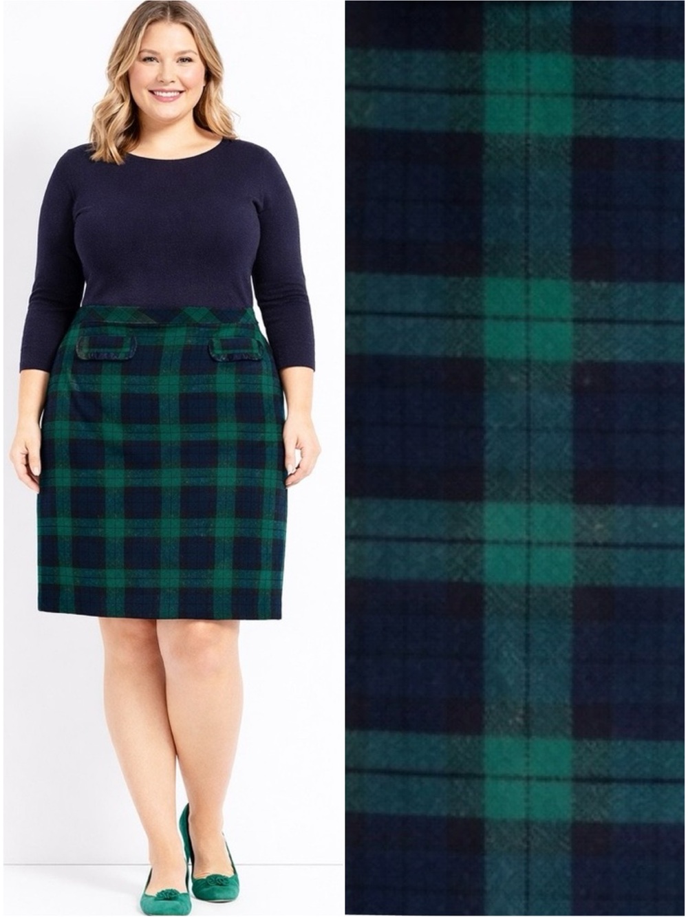 Talbots Blackwatch Tartan Plaid Velveteen Skirt Sz 16 Preppy Classic Navy Green